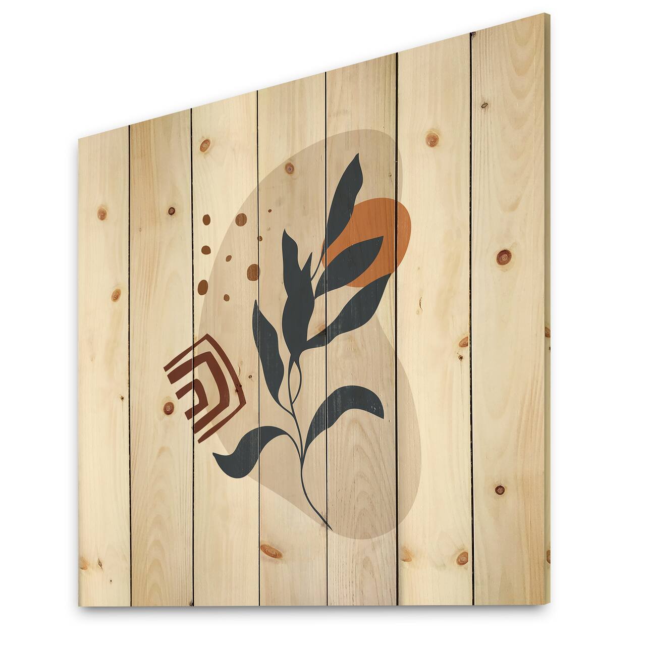 Designart - Abstract Flowers On Minimal Shapes VII - Modern Print on Natural Pine Wood